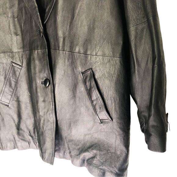 Liz Baker Vintage Leather Jacket Black Trench Coat XL - Picture 5 of 6